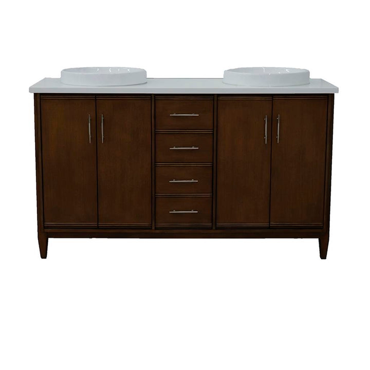 Bellaterra MCM 61" Double Vanity, Walnut, White Quartz Top/Round Sink