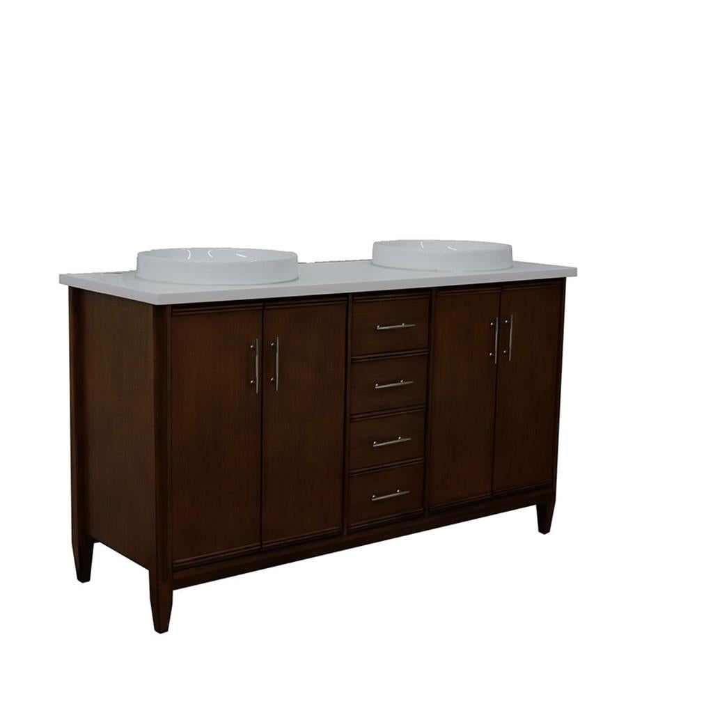 Bellaterra MCM 61" Double Vanity, Walnut, White Quartz Top/Round Sink