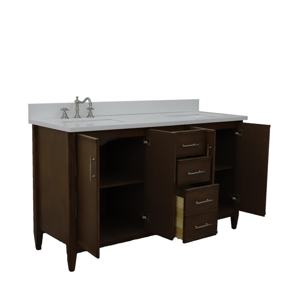 Bellaterra MCM 61" Double Vanity, Walnut, White Quartz Top/Rectangle Sink