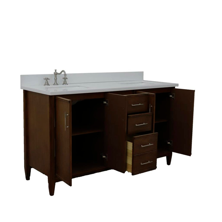 Bellaterra MCM 61" Double Vanity, Walnut, White Quartz Top/Rectangle Sink