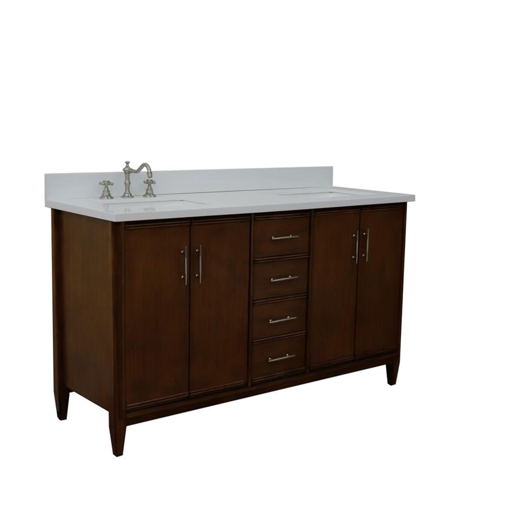 Bellaterra MCM 61" Double Vanity, Walnut, White Quartz Top/Rectangle Sink