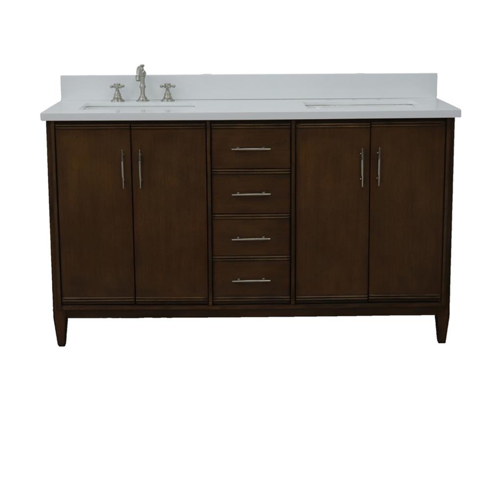 Bellaterra MCM 61" Double Vanity, Walnut, White Quartz Top/Rectangle Sink