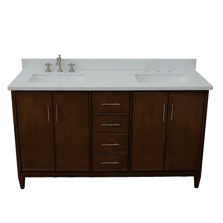 Bellaterra MCM 61" Double Vanity, Walnut, White Quartz Top/Rectangle Sink