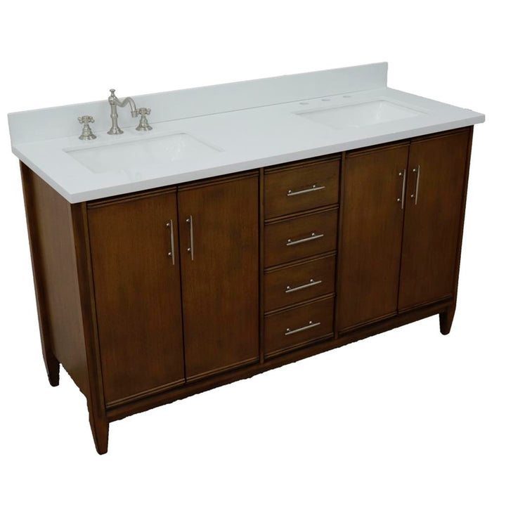 Bellaterra MCM 61" Double Vanity, Walnut, White Quartz Top/Rectangle Sink