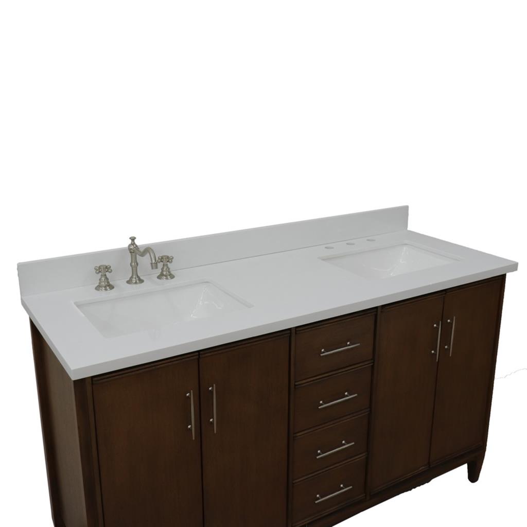 Bellaterra MCM 61" Double Vanity, Walnut, White Quartz Top/Rectangle Sink