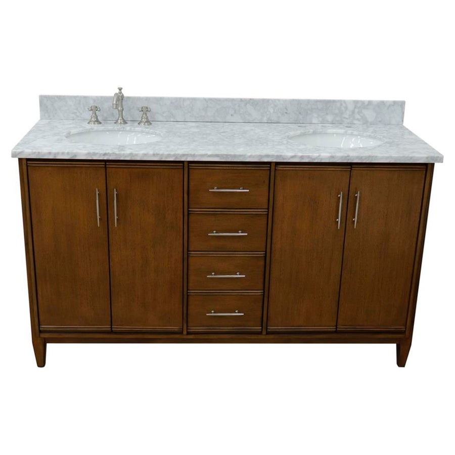 Bellaterra MCM 61" Double Vanity, Walnut, White Carrara Marble Top/Oval Sink