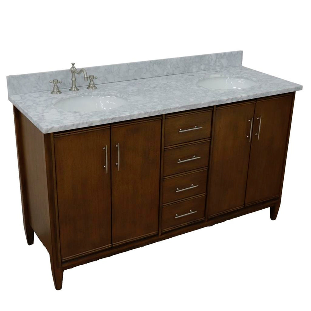 Bellaterra MCM 61" Double Vanity, Walnut, White Carrara Marble Top/Oval Sink