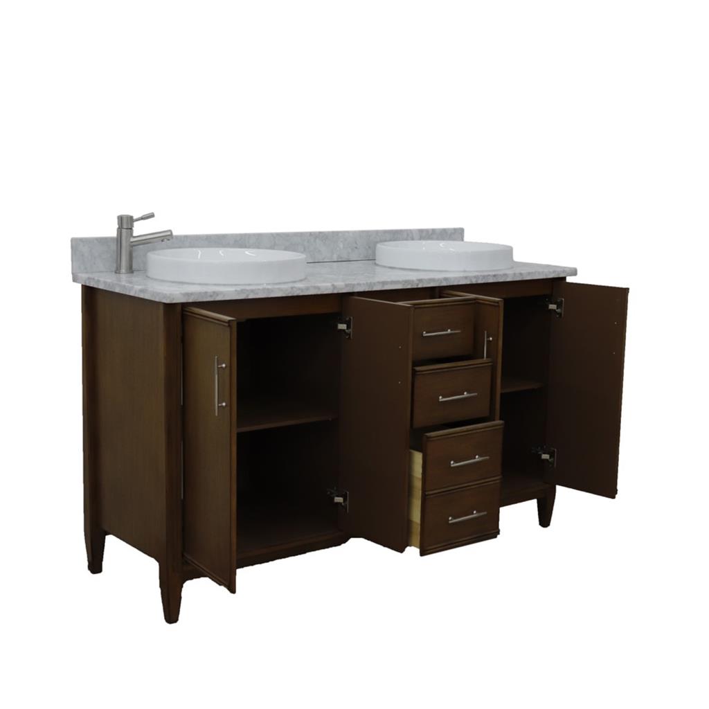 Bellaterra MCM 61" Double Vanity, Walnut, White Carrara Marble Top/Round Sink