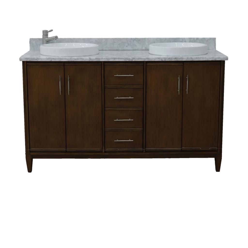 Bellaterra MCM 61" Double Vanity, Walnut, White Carrara Marble Top/Round Sink