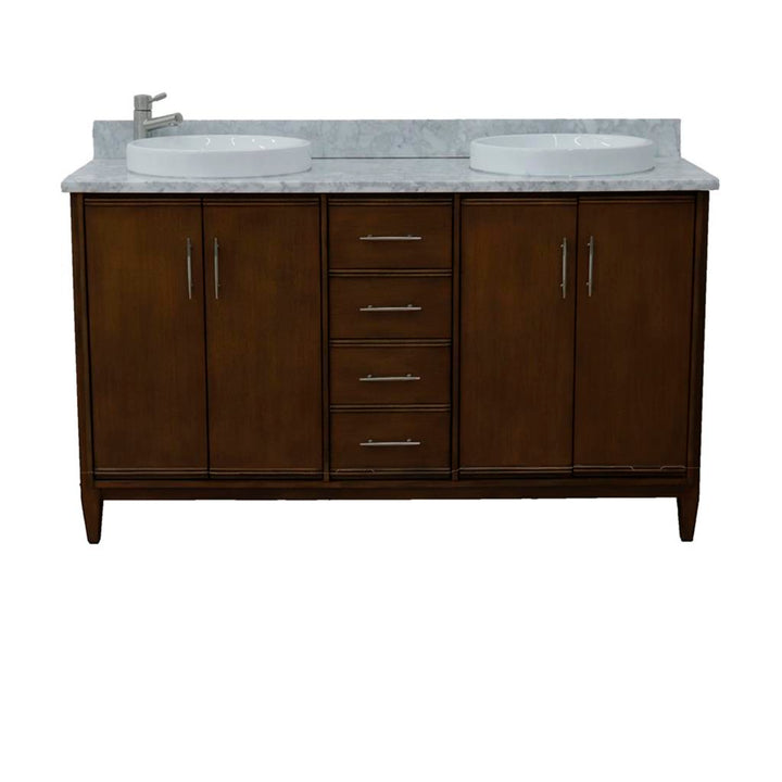 Bellaterra MCM 61" Double Vanity, Walnut, White Carrara Marble Top/Round Sink