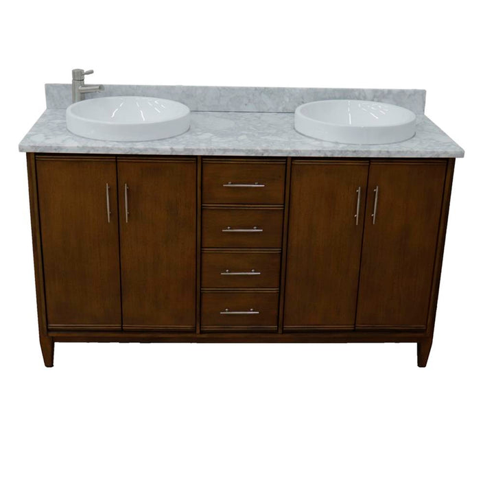 Bellaterra MCM 61" Double Vanity, Walnut, White Carrara Marble Top/Round Sink