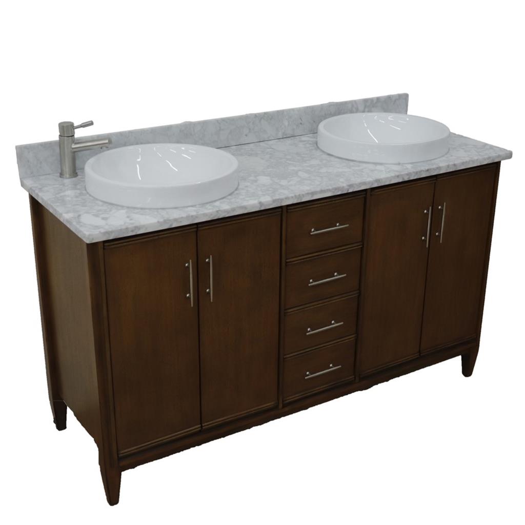 Bellaterra MCM 61" Double Vanity, Walnut, White Carrara Marble Top/Round Sink