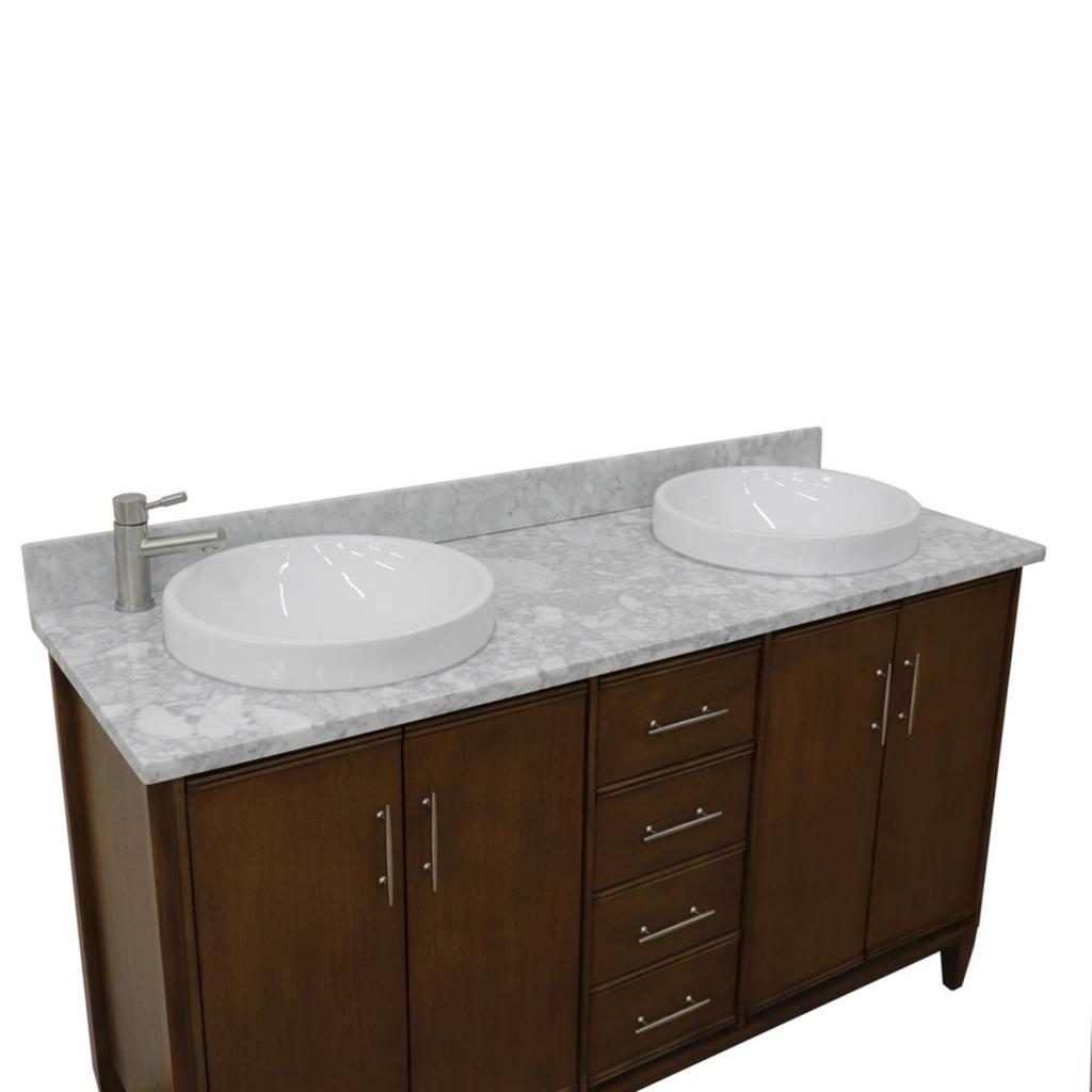 Bellaterra MCM 61" Double Vanity, Walnut, White Carrara Marble Top/Round Sink