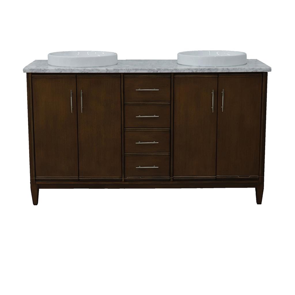 Bellaterra MCM 61" Double Vanity, Walnut, White Carrara Marble Top/Round Sink