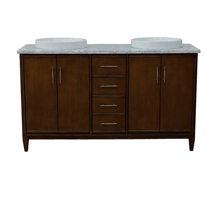 Bellaterra MCM 61" Double Vanity, Walnut, White Carrara Marble Top/Round Sink