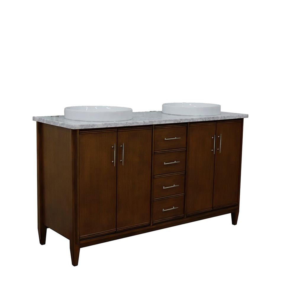 Bellaterra MCM 61" Double Vanity, Walnut, White Carrara Marble Top/Round Sink