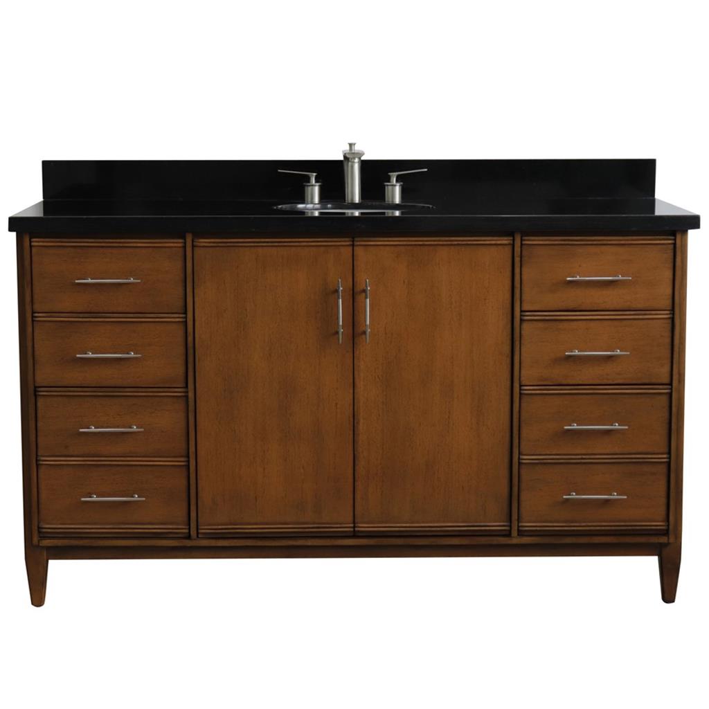 Bellaterra MCM 61" Single Vanity, Walnut, Black Galaxy Granite Top/Oval Sink