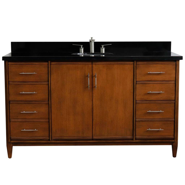 Bellaterra MCM 61" Single Vanity, Walnut, Black Galaxy Granite Top/Oval Sink