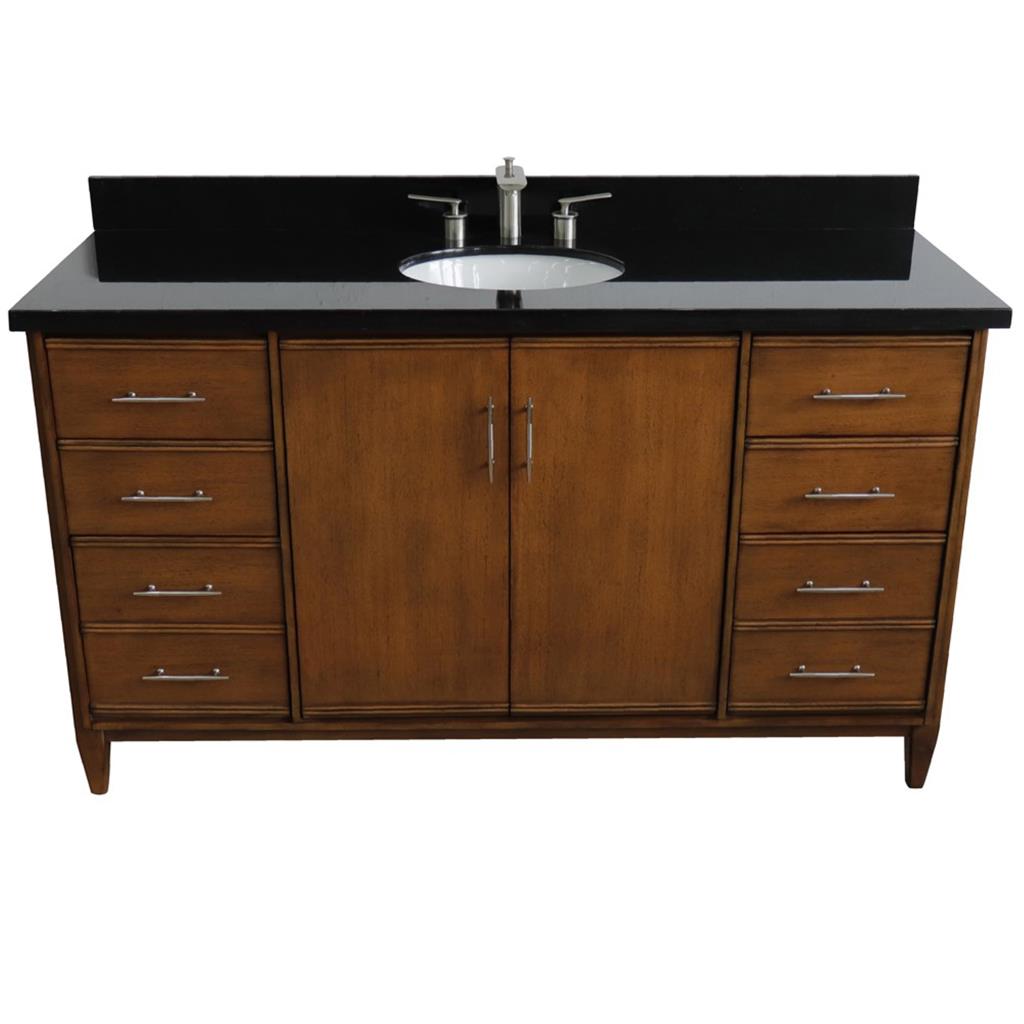 Bellaterra MCM 61" Single Vanity, Walnut, Black Galaxy Granite Top/Oval Sink