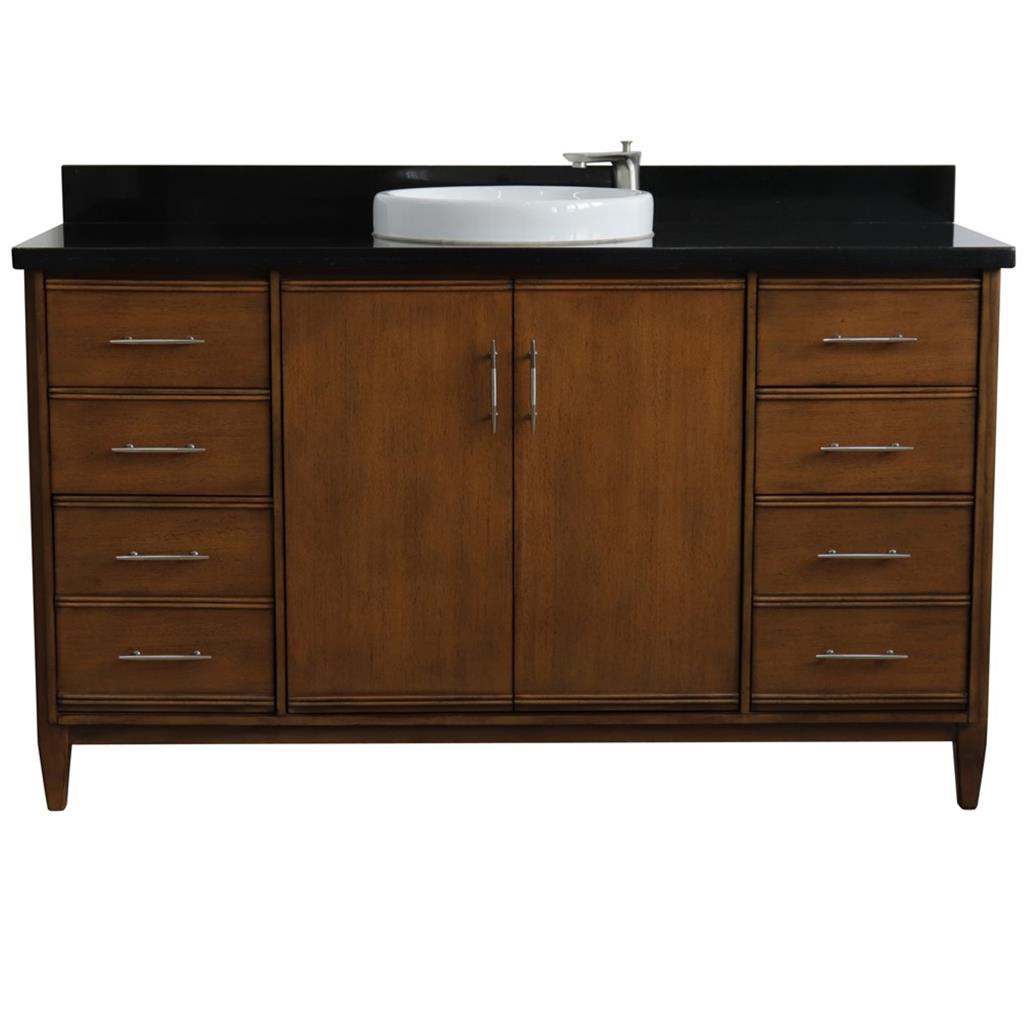 Bellaterra MCM 61" Single Vanity, Walnut, Black Galaxy Granite Top/Round Sink