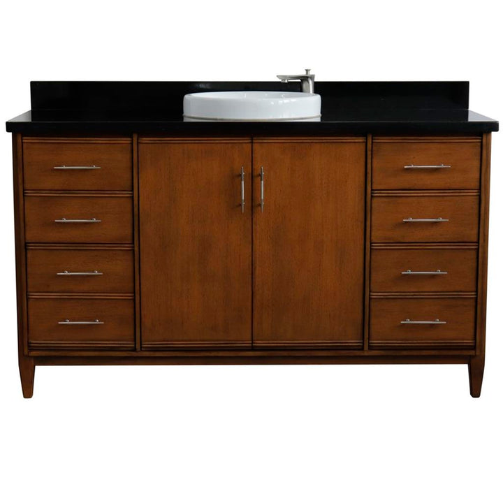 Bellaterra MCM 61" Single Vanity, Walnut, Black Galaxy Granite Top/Round Sink