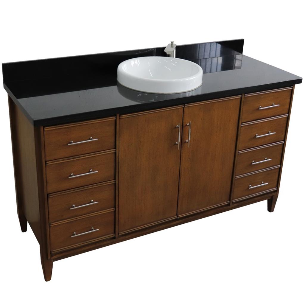 Bellaterra MCM 61" Single Vanity, Walnut, Black Galaxy Granite Top/Round Sink