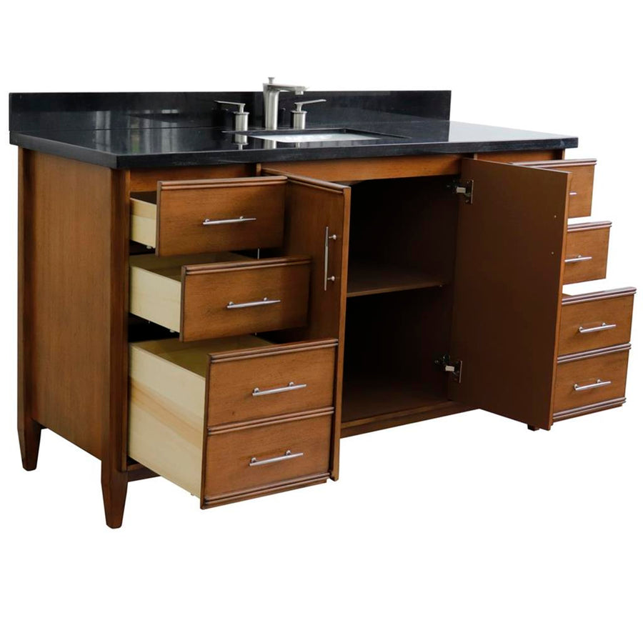 Bellaterra MCM 61" Single Vanity, Walnut, Black Galaxy Granite Top/Rectangle Sink