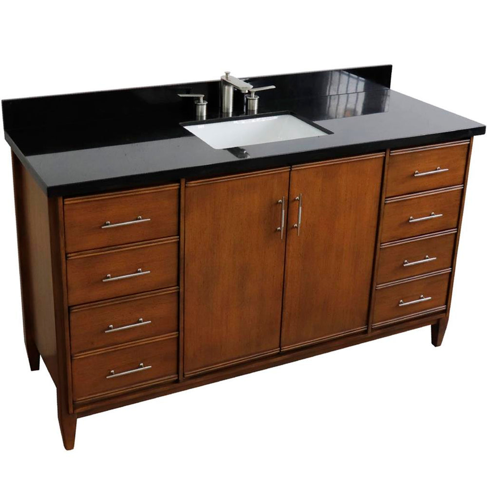 Bellaterra MCM 61" Single Vanity, Walnut, Black Galaxy Granite Top/Rectangle Sink