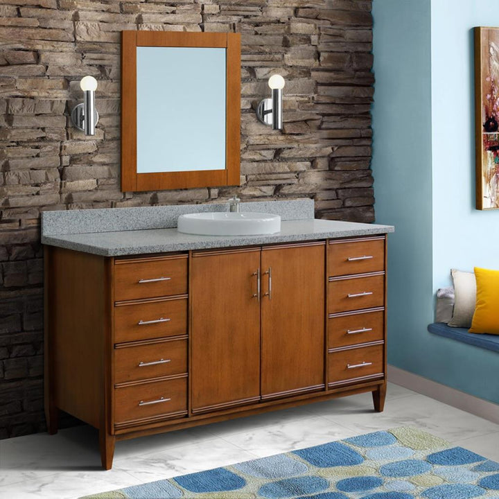 Bellaterra MCM 61" Single Vanity, Walnut, Gray Granite Top/Round Sink