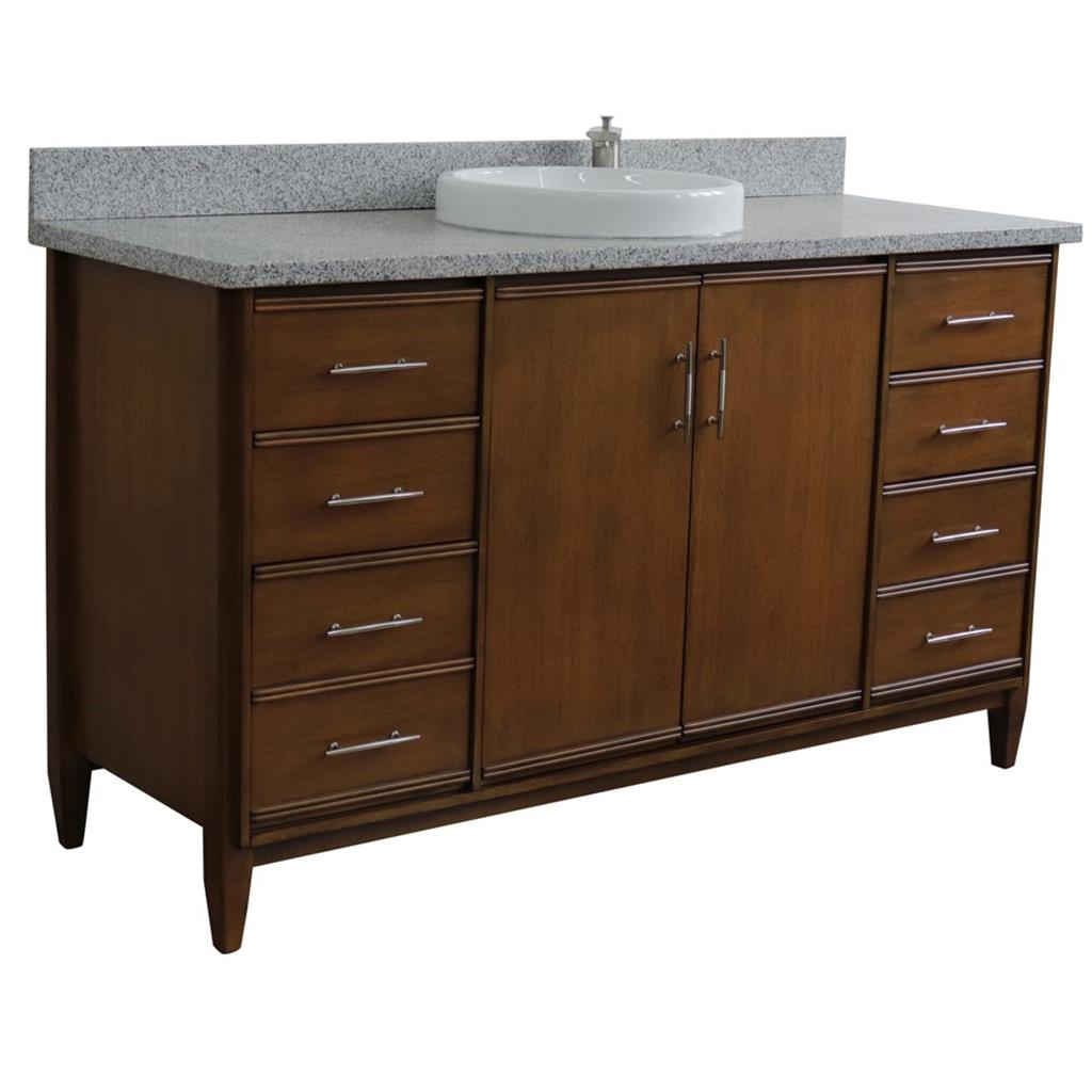 Bellaterra MCM 61" Single Vanity, Walnut, Gray Granite Top/Round Sink