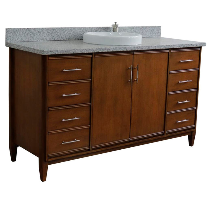 Bellaterra MCM 61" Single Vanity, Walnut, Gray Granite Top/Round Sink