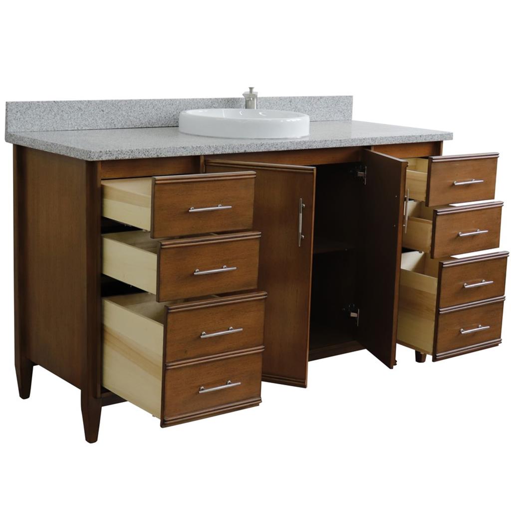 Bellaterra MCM 61" Single Vanity, Walnut, Gray Granite Top/Round Sink