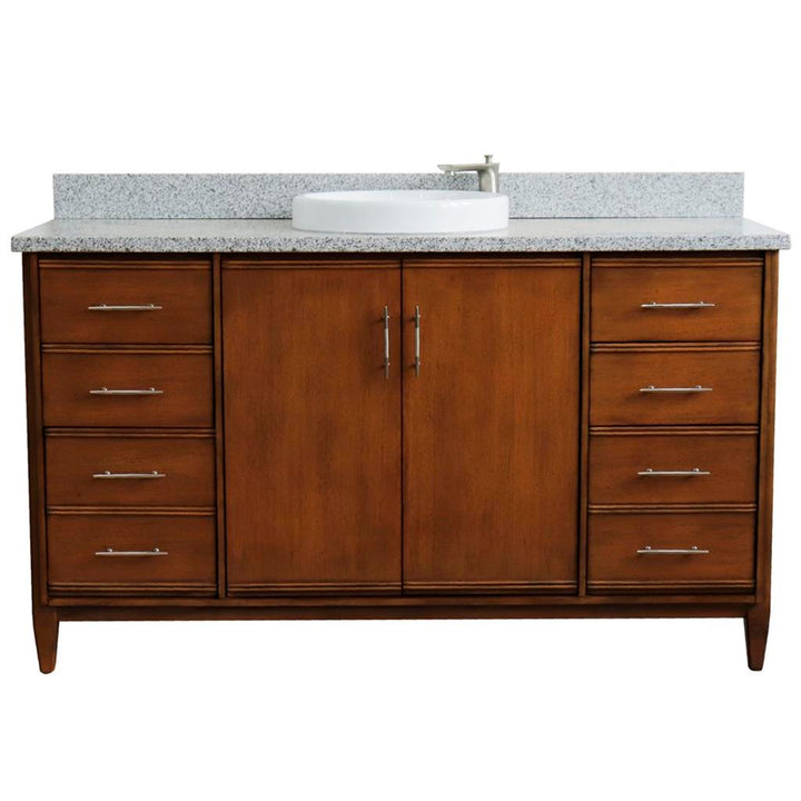 Bellaterra MCM 61" Single Vanity, Walnut, Gray Granite Top/Round Sink