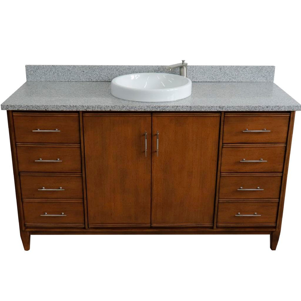 Bellaterra MCM 61" Single Vanity, Walnut, Gray Granite Top/Round Sink