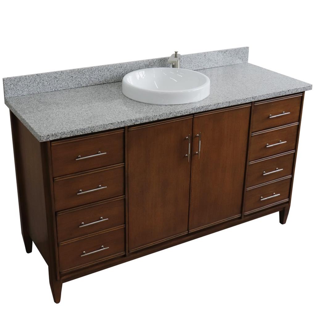 Bellaterra MCM 61" Single Vanity, Walnut, Gray Granite Top/Round Sink