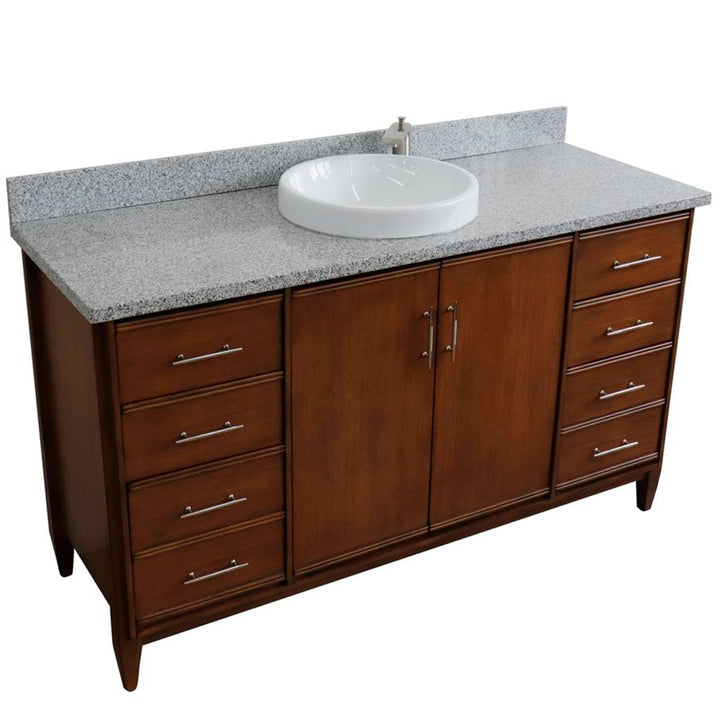 Bellaterra MCM 61" Single Vanity, Walnut, Gray Granite Top/Round Sink