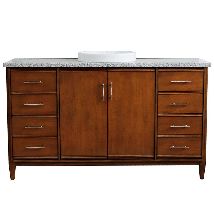 Bellaterra MCM 61" Single Vanity, Walnut, Gray Granite Top/Round Sink