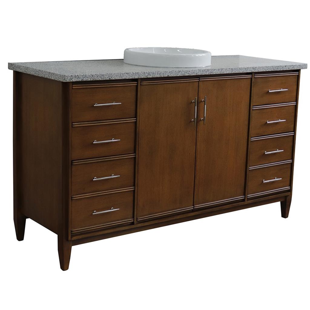 Bellaterra MCM 61" Single Vanity, Walnut, Gray Granite Top/Round Sink