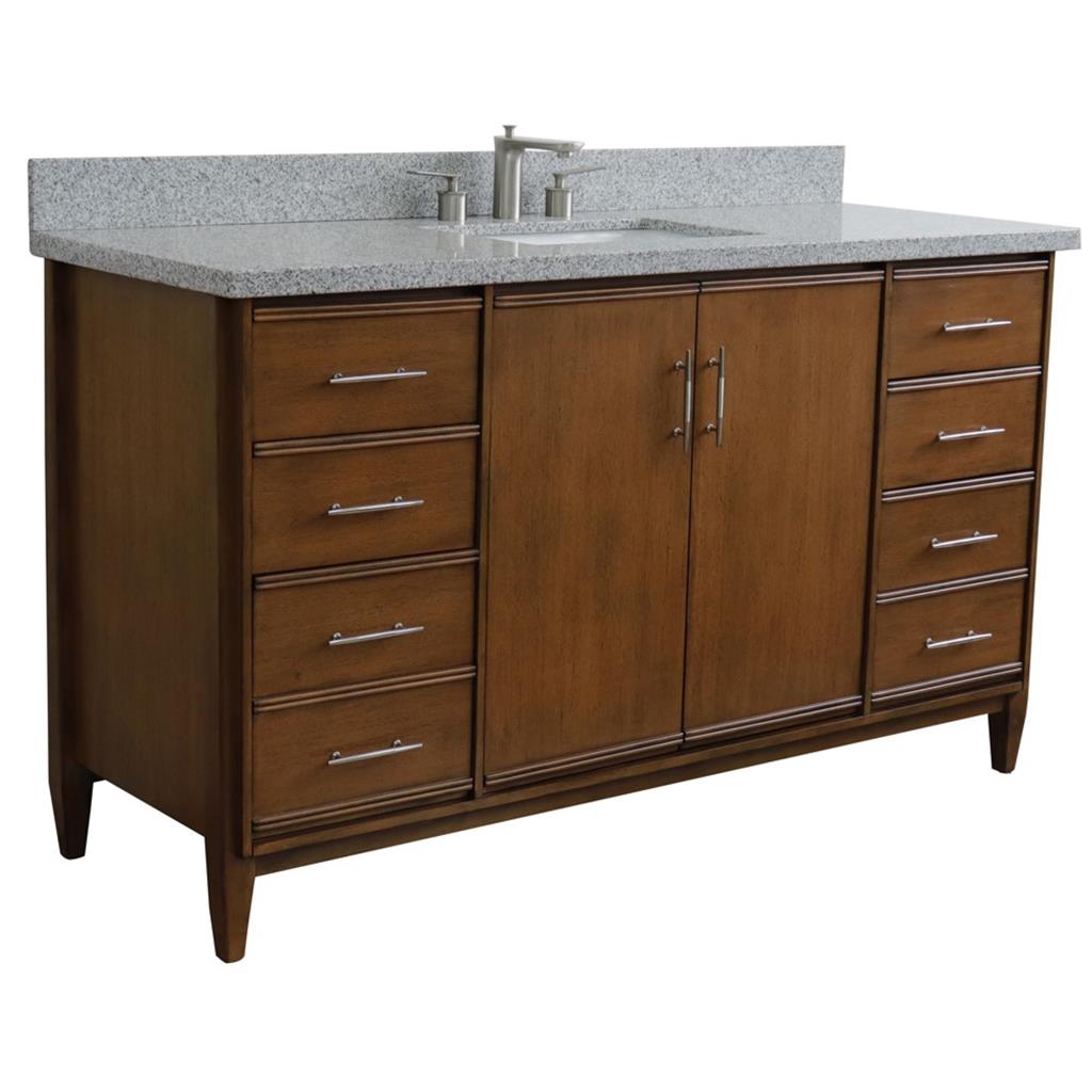 Bellaterra MCM 61" Single Vanity, Walnut, Gray Granite Top/Rectangle Sink