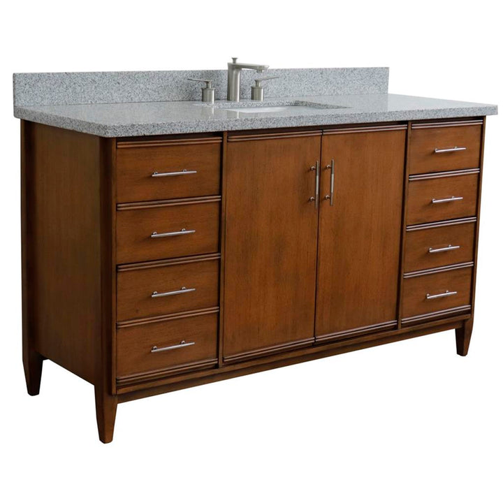 Bellaterra MCM 61" Single Vanity, Walnut, Gray Granite Top/Rectangle Sink