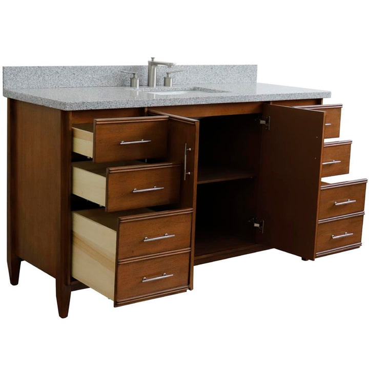 Bellaterra MCM 61" Single Vanity, Walnut, Gray Granite Top/Rectangle Sink