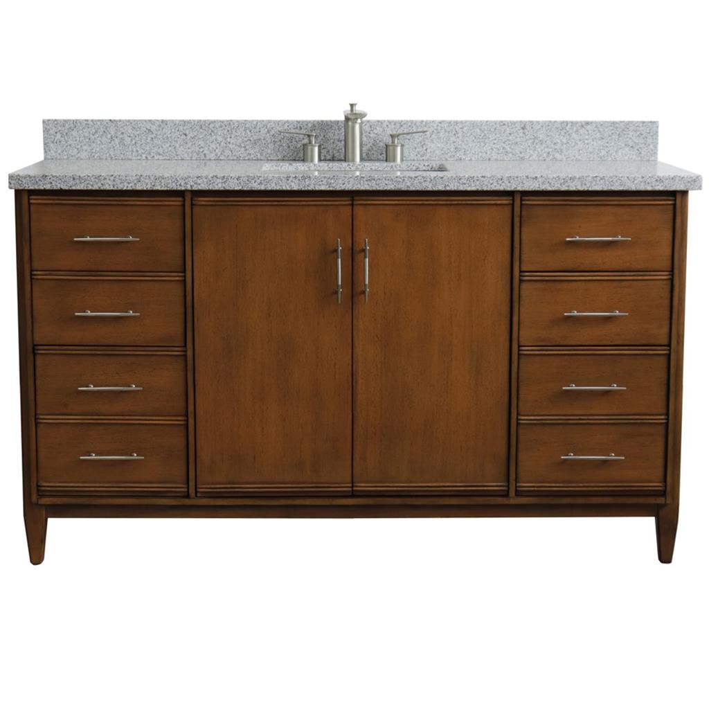 Bellaterra MCM 61" Single Vanity, Walnut, Gray Granite Top/Rectangle Sink