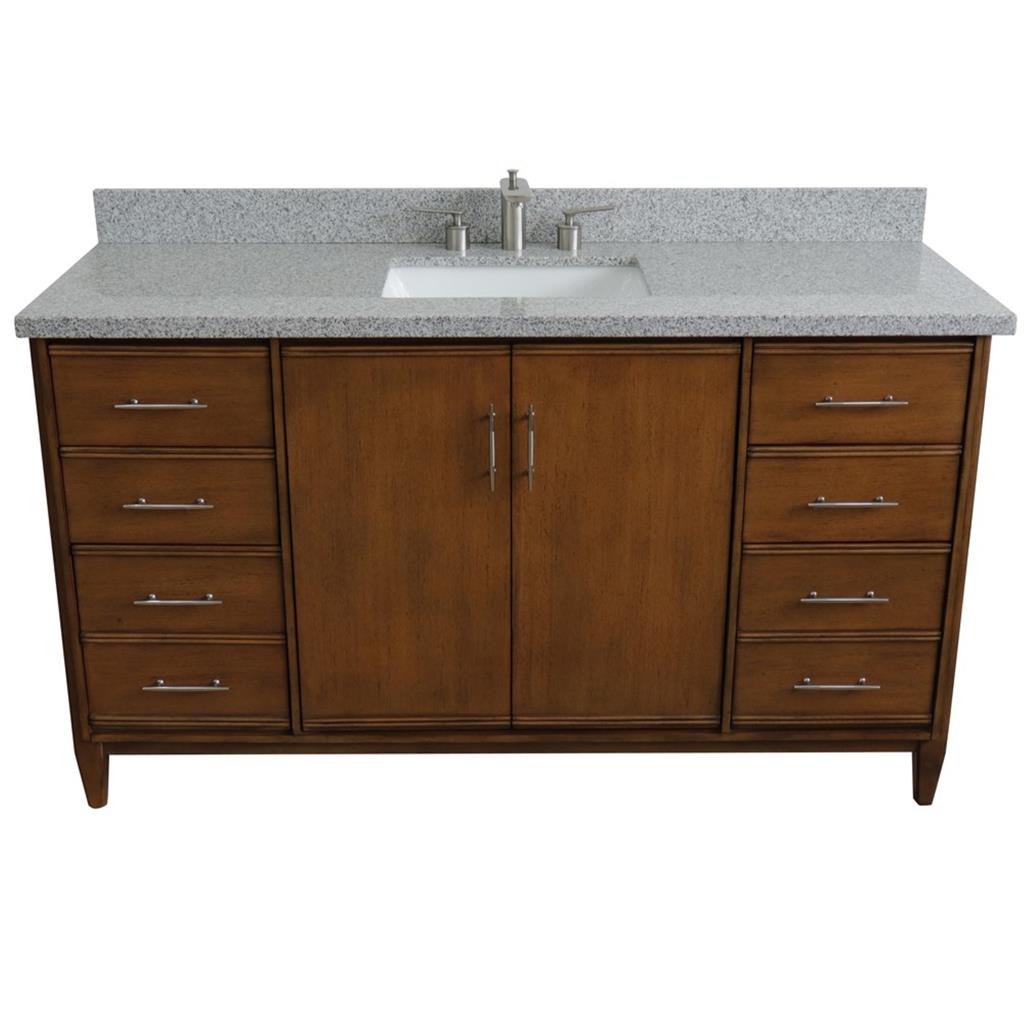 Bellaterra MCM 61" Single Vanity, Walnut, Gray Granite Top/Rectangle Sink