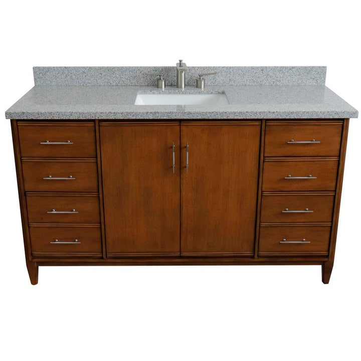 Bellaterra MCM 61" Single Vanity, Walnut, Gray Granite Top/Rectangle Sink