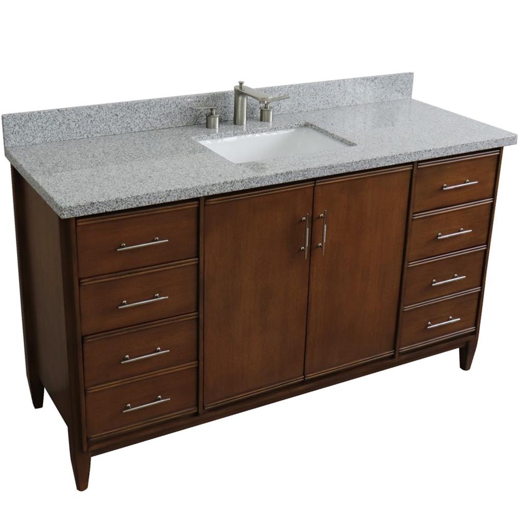 Bellaterra MCM 61" Single Vanity, Walnut, Gray Granite Top/Rectangle Sink