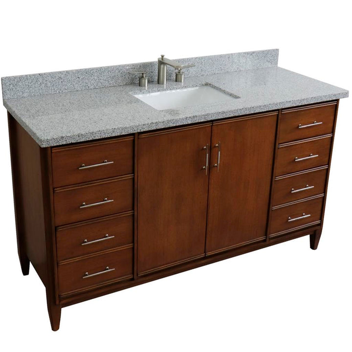 Bellaterra MCM 61" Single Vanity, Walnut, Gray Granite Top/Rectangle Sink