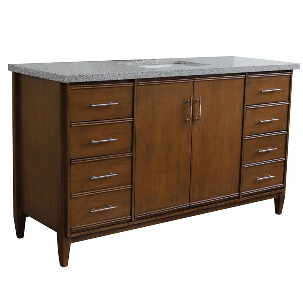 Bellaterra MCM 61" Single Vanity, Walnut, Gray Granite Top/Rectangle Sink