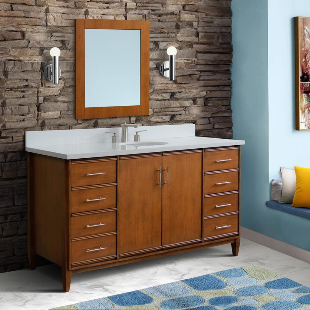 Bellaterra MCM 61" Single Vanity, Walnut, White Quartz Top/Oval Sink