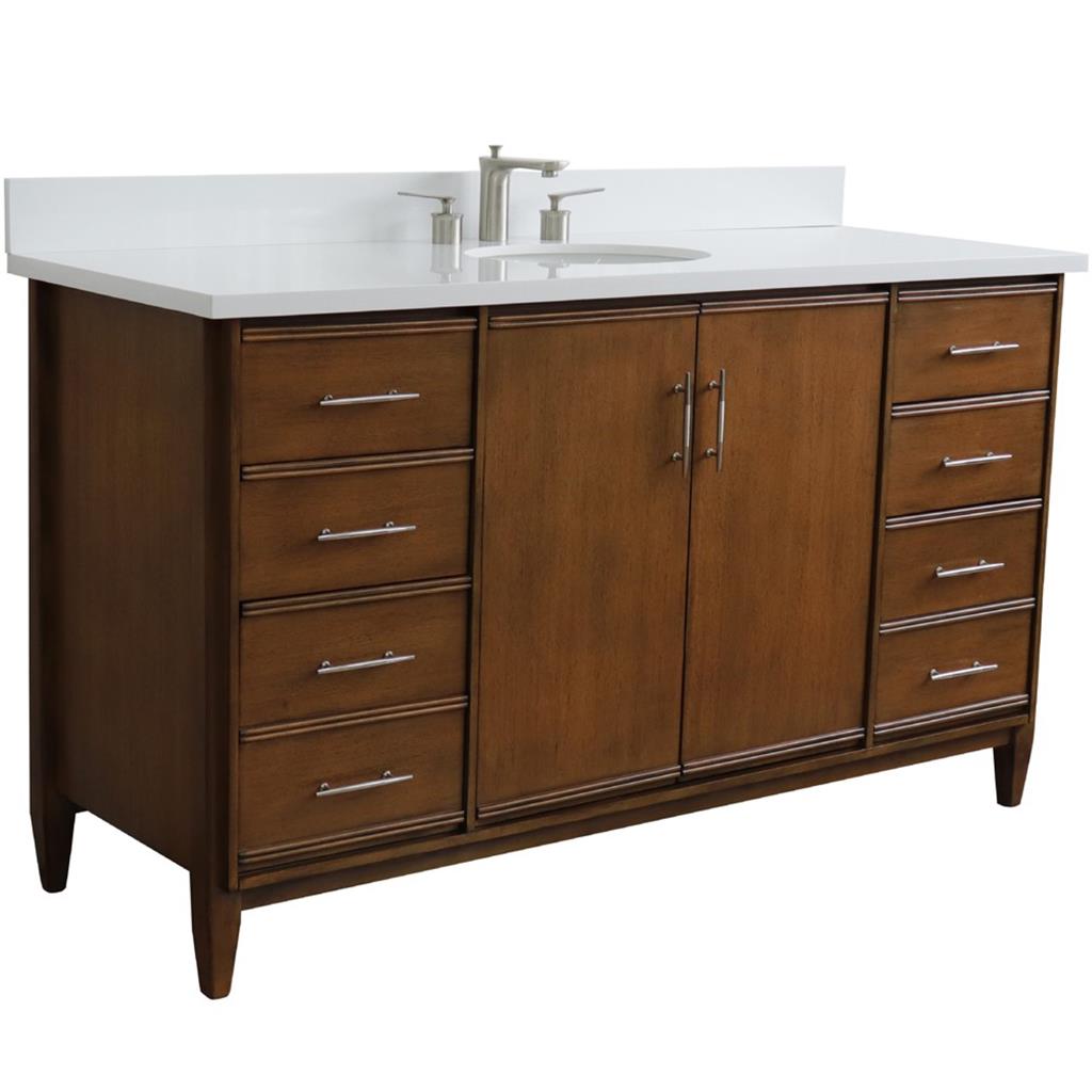 Bellaterra MCM 61" Single Vanity, Walnut, White Quartz Top/Oval Sink