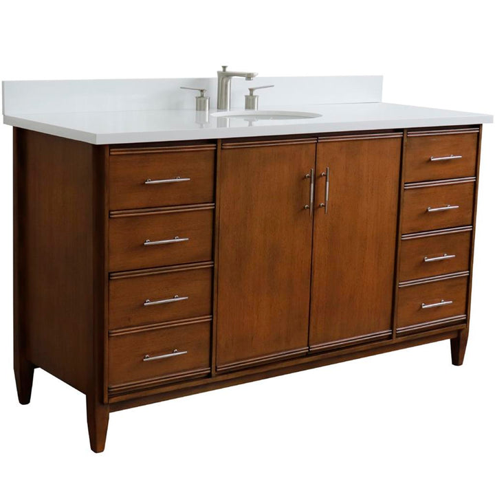 Bellaterra MCM 61" Single Vanity, Walnut, White Quartz Top/Oval Sink